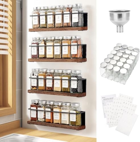 Magnetic Spice Rack with 24 Jars, 216 Labels, 1 Steel Funnel for Refrigerator，Microwave Oven - Full Set of Spice Organizer by KitHero