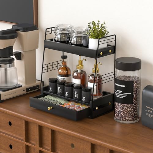 Coffee Bar Station Organizer with Drawer, 2-Tier Countertop Shelf (Black) - Image 2