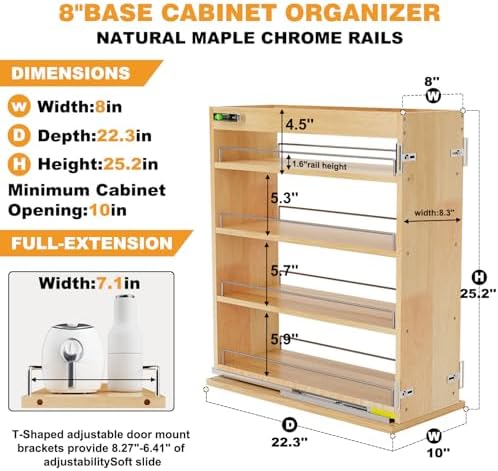 Pull Out Spice Rack Organizer for Cabinet, 8" W x 22.3" D x 25.2" H Multi-Use Solid Wood Slide Out Shelf for Kitchen Cabinet, Sliding Spice Rack for Cans & Jars, Pantry Organization - Image 3