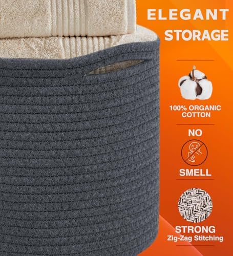 CHAT BLANC Cotton Rope Baskets for Organizing, Shelves, Toys, Storage, Shoe, Bathroom, Laundry, Towel, Nursery, Home Decor, Blanket, Cloth Woven Bins Fabric (Graphite, 15"x10"x9") - Image 2
