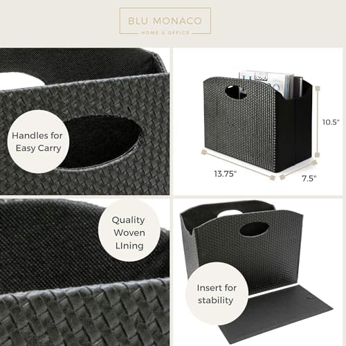 BLU MONACO | Black Woven Leather Magazine Holder with Handles | Stylish Magazine Rack for Floor or Table | Decorative Basket for Living Room, Office, or Reception - Image 5