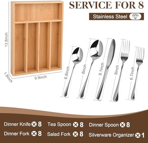 40 Piece Silverware Set with Drawer Organizer for 8, Heavy Duty Stainless Steel Flatware Cutlery Set, Fork Spoon Knife Set with Kitchen Essentials Organizer, Rust-proof, Dishwasher Safe - Image 2