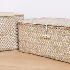 FEIALNDUO Wicker Shelf Baskets with Lid,Seagrass Storage Basket Bins Rectangular Handwoven Basket Boxes for Shelves Desktop Home Organizer (Whitewash, Large) - Image 4