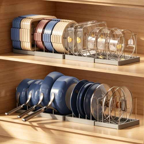 Magheo 2 Pack Expandable Food Storage Container Lid Organizers, 31.3" Pots and Pans Organizer Under Cabinet with 12 Adjustable Dividers Pot and Pan Lid Holders Rack Inside Cabinet(Gray) by MAGHEO