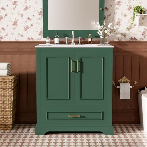 Harper & Bright Designs 30" Bathroom Vanity with Sink, Free Standing Single Basin Vanity with Divided Drawer & 2 Doors with Double Shelf, Wooden Storage Cabinet with Ceramic Basin for Bathroom, Green - Image 3