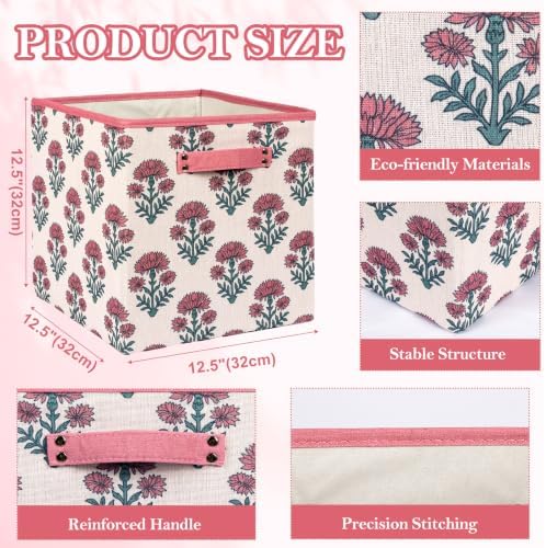 6 Pcs Fabric Floral Cube Storage Bins 11 Inch Flower Storage Basket with Handle, Linen Collapsible Fabric Box for Classroom Bedrooms Office Home Decoration (Pink indian flowers) - Image 3