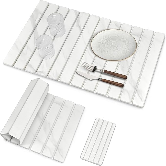 2 PCS Extra Large Stone Dish Drying Mat for Kitchen Counter, Foldable Quick Drying Dish Mats, Super Absorbent Drying Pad, Kitchen Counter Mats for Cups, Dishes, Bottles (White Marble 28"×16" & 8"x4") by Unknown