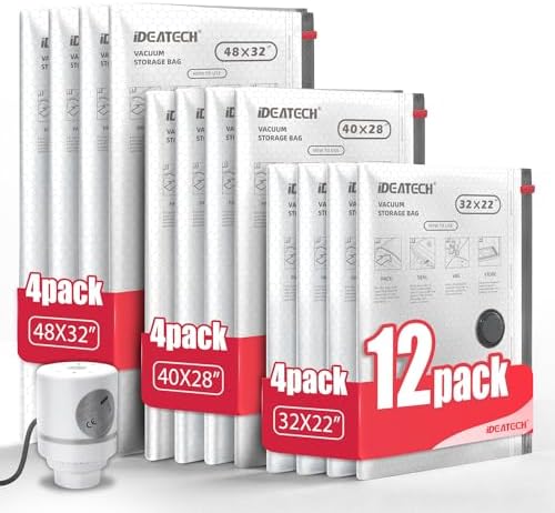 IDEATECH 12Pack Vacuum Storage Bags with Electric Pump, Jumbo Vacuum Seal Bags for Clothing, Bedding & Blankets, Heavy Duty Compression Space Saver Bags with Airtight Seal, Seasonal Storage-4M+4L+4XL by IDEATECH