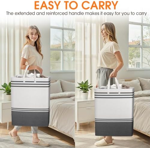 2 Pack Large Home Laundry Basket, Laundry Hamper, Freestanding Waterproof Dirty Clothes Bag, Tall Clothes Hamper - Extended & Reinforced Handles for College Dorm, Family (Light Grey/125L) - Image 6