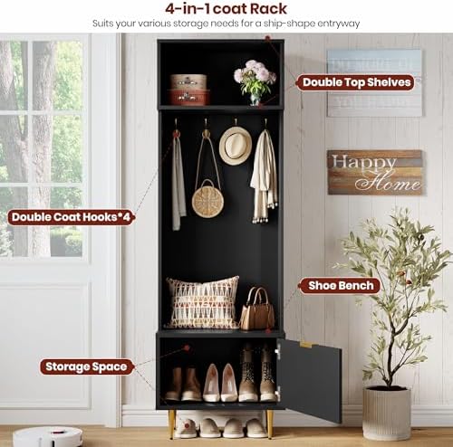 GarveeHome 74" Hall Tree with Bench and Storage, Coat Rack with Shoe Bench, Entryway Coat Rack, Hall Tree with 4 Gold Hooks & Metal Legs for Entryway, Living Room, Black - Image 4