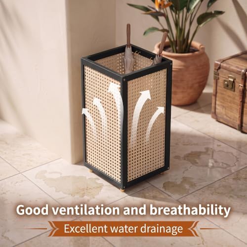 TrailBlaze Rattan-Style Wooden Umbrella Stand for Entryway, Slim Square Umbrella Holder - Removable Drain Tray - Metal Hooks & Raised Feet, Black, 51 x 24 x 24 cm - Image 7