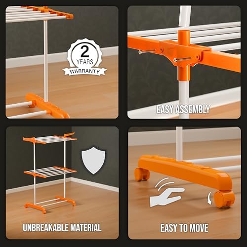 Happer Premium Clothes Stand for Drying with Wheels Portable 2 Layer Rack for Balcony Foldable Wings 14 Hanger Rods Anti Rust Steel Metal (Orange Compact Jumbo) - Image 3