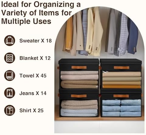 Homsorout Large Storage Bins with Lids - 4 Pack Foldable Decorative Organizers with Clear Windows & Handles, Cube Storage Organizers for Clothes, Blankets, Sweaters, Sheets, Black - Image 4