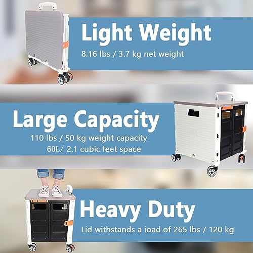 FELICON SELORSS Foldable Utility Cart Folding Portable Rolling Crate-White - Image 3
