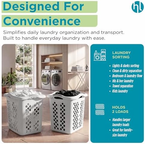 Home Logic 2 Bushel Plastic Laundry Basket Lamper, Large Laundry Hamper with Handles, Ventilated Clothes Organizer for Bedroom Bathroom Closet, 6 Pack, White - Image 4
