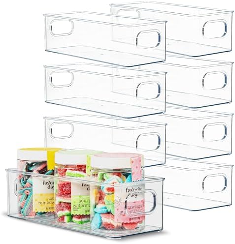 Plastic Food Storage 8 Pack Clear Container Bin with Handles for Organizing Kitchen, Pantry, Fridge, Freezer, Pantry,Bathroom. 10"x4"3" by primebox