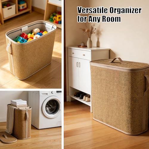 Bamboo Toilet Paper Storage Basket with Lid & Handle, 32L Large Capacity - Image 6