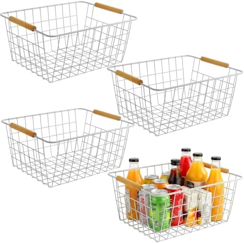 4 Pack White Metal Wire Food Storage Basket Organizer with Wooden Handles for Organizing Kitchen Cabinets Large by HDYOUDO