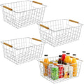4 Pack White Metal Wire Food Storage Basket Organizer with Wooden Handles for Organizing Kitchen Cabinets Large by HDYOUDO