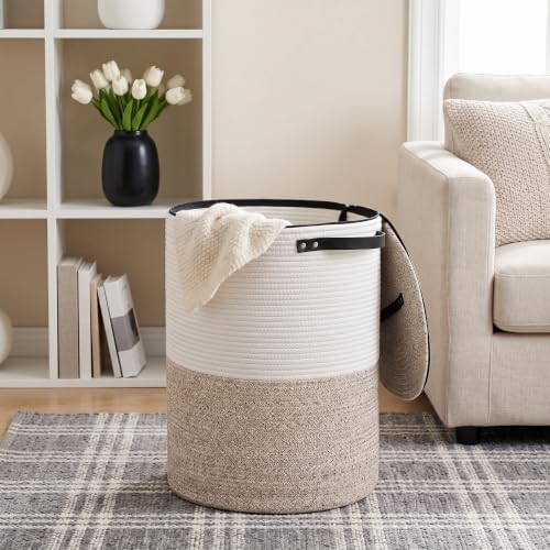 Laundry Basket with Lid, 15" x 20" Tall Woven Blanket Storage for Living Room, Round Cotton Rope Nursery Hamper with Zipper, Lidded Kids Toy Bin, Large Decorative Basket with Cover, Brown - Image 4