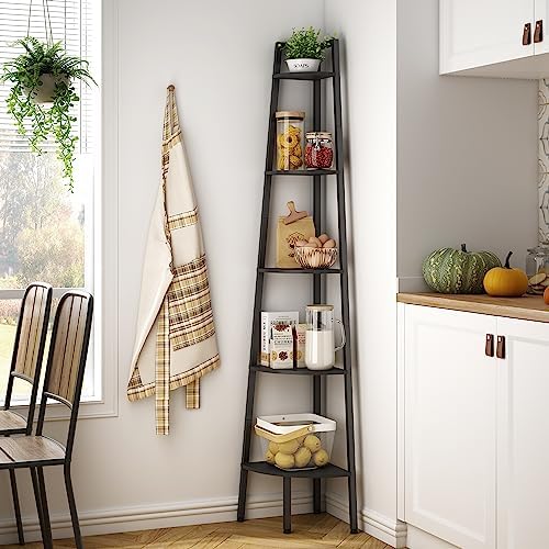 Hoctieon Corner Shelf, 5-Tier Corner Bookshelf, Rustic Ladder Shelf, Industrial Display Stand for Living Room, Kitchen, Home Office, Balcony, Small Space, Metal Frame, Black - Image 3
