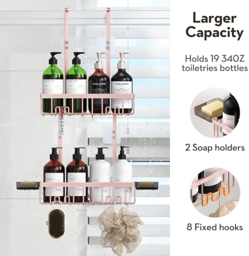 Over the Door Shower Caddy Hanging With Double Soap Holder Never Rust Aluminum Shower Shelf With 4 Hooks Hanging Bathroom Organizer No Drilling Shelves for Bathroom Storage Pink - Image 3