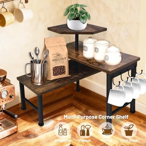 Kitchen Countertop Organizer, 3 Tier Moveable Corner Shelf Kitchen Shelf with Hook, Countertop Organizer for Bathroom, Spice Rack, Bookshelf, Coffee Area, Dresser Table (Brown) - Image 2
