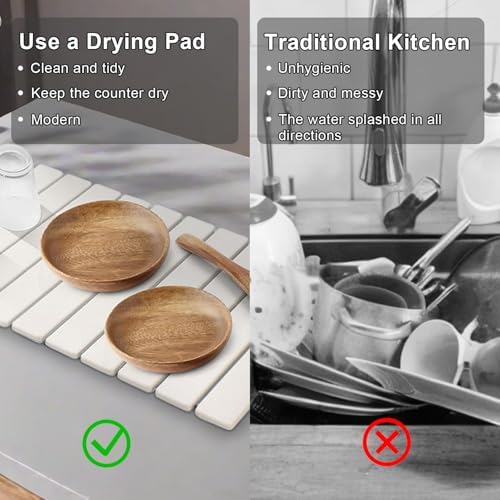 Large Stone Dish Drying Mat for Kitchen Counter,Equipped Dish Rack, Diatomaceous Earth Material, Foldable and Super Absorbent Dish Drying Pad Suitable for Tableware, Bottles and Cup (White, 24×16 IN) - Image 5