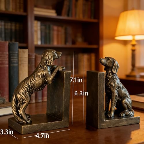 1 Pair Dog Bookends for Shelves, Retro Gold Resin Bookends for Heavy Books, Home Office Desk Decor, Golden Retriever Book Ends (Retro Gold Dog 02) - Image 2