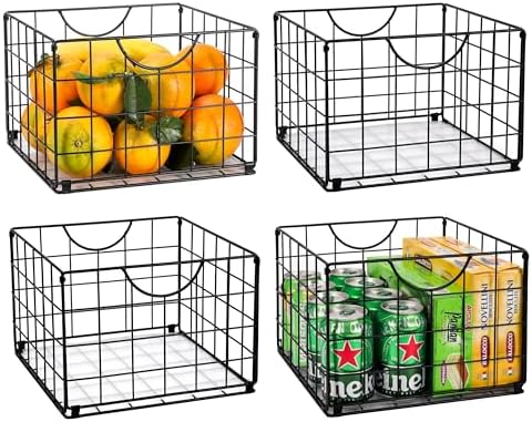 DINGTAI Metal Wire Basket Foldable Set of 4, Metal Bins for Organizing with PVC Sheet, 10.5x10.5in Wire Pantry Baskets Freezer Organizer Bins for Kitchen Closet Bathroom-Black by DINGTAI