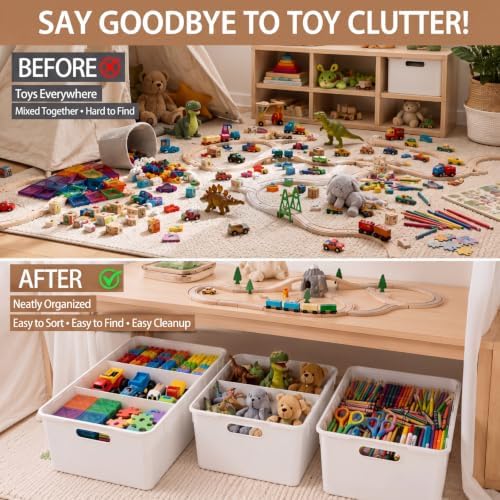 Set of 3 Large Plastic Storage Bins, Removable Adjustable Dividers - Image 5