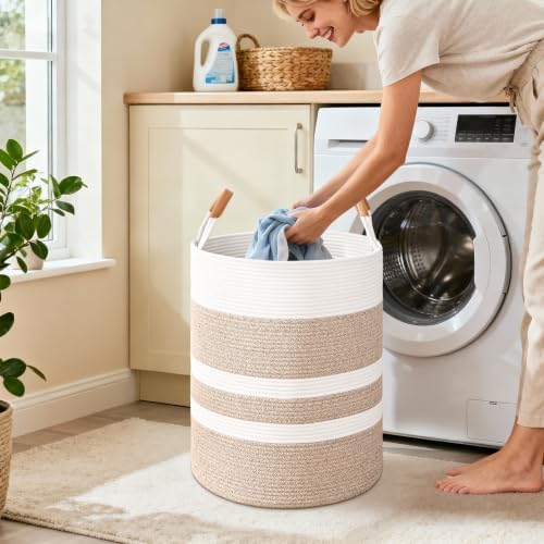 Large Laundry Basket, Laundry Hamper with Leather Handles, 90L Woven Dirty Clothes Hamper, Rope Hampers for Bedroom, Barthroom, Brown - Image 2
