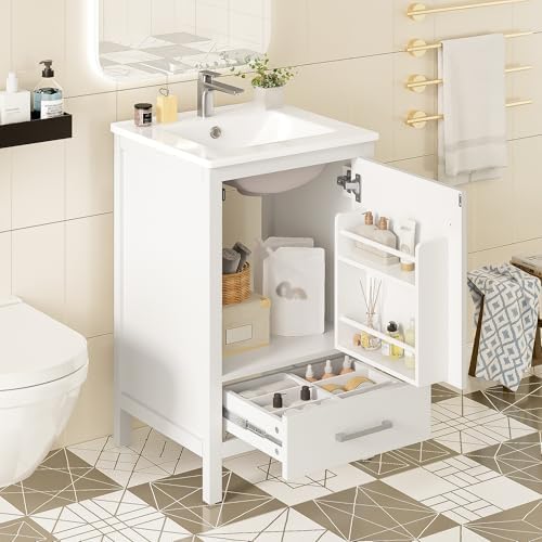 Harper & Bright Designs 20" Bathroom Vanity with Sink, Free Standing Single Vanity Set with One Divider Drawer, and Door Storage Shelf, Wooden Storage Cabinet with Ceramic Basin for Bathroom, White by HarperBrightDesigns