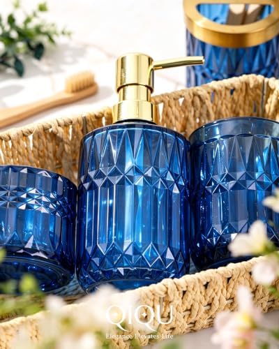 Bathroom Accessories Set, 5Pcs Glass Bathroom Accessories, Soap Dispenser, Soap Dish, Toothbrush Holder Set, Tumbler, Qtips Holder for Vintage Crystal Bath Decor (Navy Blue) - Image 4