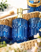 Bathroom Accessories Set, 5Pcs Glass Bathroom Accessories, Soap Dispenser, Soap Dish, Toothbrush Holder Set, Tumbler, Qtips Holder for Vintage Crystal Bath Decor (Navy Blue) - Image 4