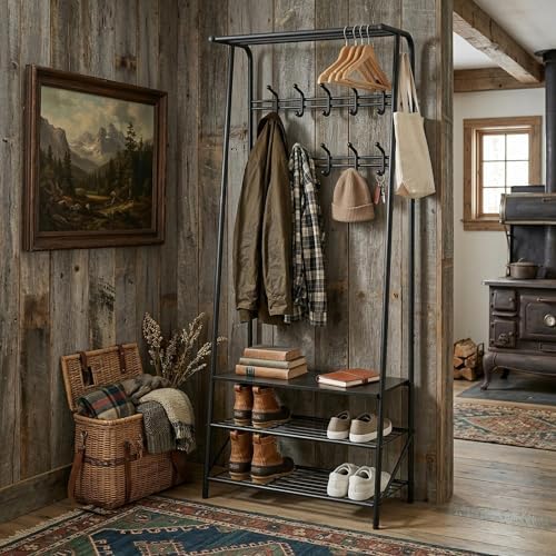 24" Black Hall Tree with Bench and Shoe Storage, Double Row Hooks Coat Rack Freestanding Organizer, Heavy Duty Coat Rack with Shoe Storage, Coat and Shoe Rack Entryway Mudroom Hallway by SLEKVERSA