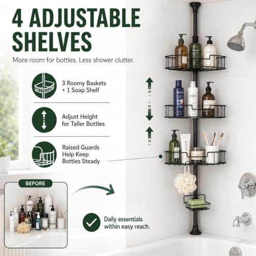 Shower Caddy Tension Pole, 4-Tier Heavy Duty Corner Organizer, 39-125 Inch - Image 4