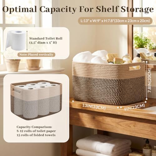 OIAHOMY 4 Pack Storage Basket, 13"x9"x7.8" Cotton Rope Baskets for Shelves, Closet Organizer for Bedroom & Living Room, Soft Decorative Bins for Organizing Towels, Books & Toys, Brown & Black - Image 2