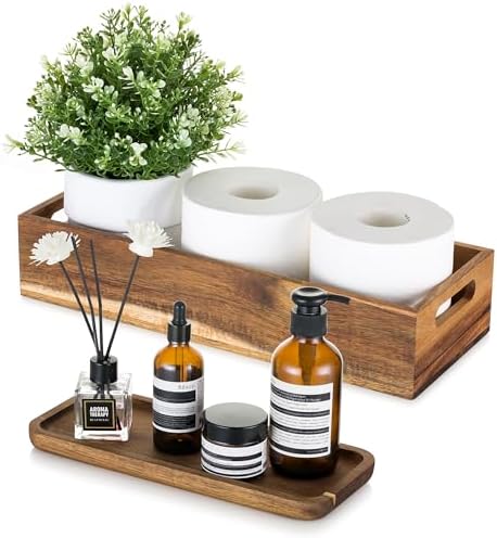 Hanobe 2pcs Acacia Wood Bathroom Toilet Storage Basket Tank Topper Set by Hanobe