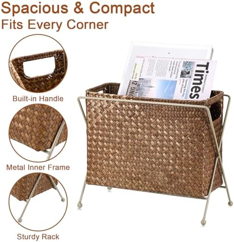BTSKY Magazine Basket, Mail Basket for Counter, Woven Storage Bin with Metal Rack & Handle for Files, Books, Newspapers, Desktop Organizer for Office, Living Room, Dorm, Bathroom, 12"x5.7"x8.7" - Image 5