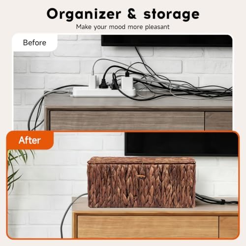Cable Management Box with Lid, 2Pack Handwoven Real Water Hyacinth Cord Hider Organizer Boxes,2 Side Open Slots Storage Box to Hide Cords Power Strip for Desk, Floor, Office - Image 2