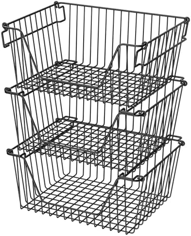 Stackable Wire Metal Baskets Sturdy Cabinet Organizer Wire Pantry Freezer Bin with Handle for Kitchen Fruit Vegetable Organization, Black, 3Packs by blitzlabs
