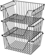 Stackable Wire Metal Baskets Sturdy Cabinet Organizer Wire Pantry Freezer Bin with Handle for Kitchen Fruit Vegetable Organization, Black, 3Packs by blitzlabs