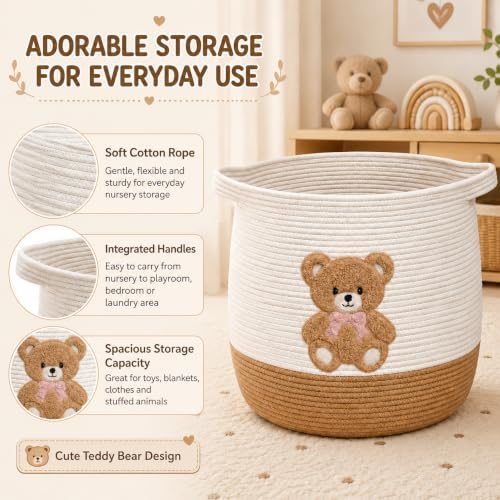 Teddy Bear Nursery Basket, Cotton Rope Baby Laundry Hamper with Handles - Image 4