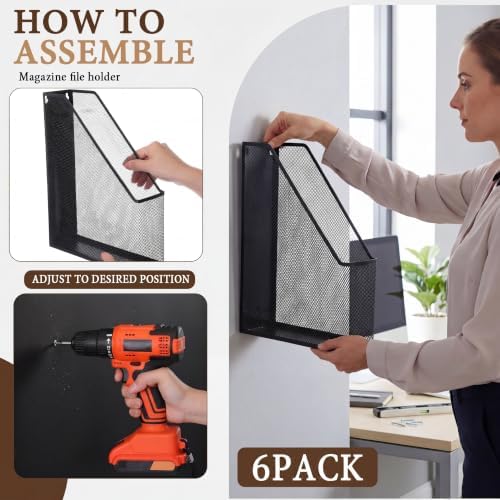Sliner 6 Pack Black Metal Magazine Holder Mesh Steel Document Rack 1 Section File Organizer Extra Wide Magazine Folder Storage Desk Tidy for Office Home, 12.6"x 9.8"x 3" - Image 3