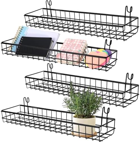 4 Pcs Metal Grid Wall Baskets with Hooks 15.75 x 3.94 x 1.97 Inch Hanging Wire Basket Organizer Wall Mounted Storage Shelves for Kitchen Bathroom Office Home Organizing Display, Black by Unknown