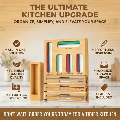 9 in 1 Storage Bag Organizer for Kitchen Drawer, Bamboo Foil and Plastic Wrap with Cutter, Ziplock Bag Organizer for Quart, Gallon, Sandwich & Snack Bags - Aluminum Foil Organizer - Image 6
