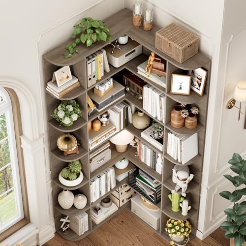 FOTOSOK 72" Tall Corner Bookshelf, 6-Tier Bookshelf and Bookcase, Grey - Image 4