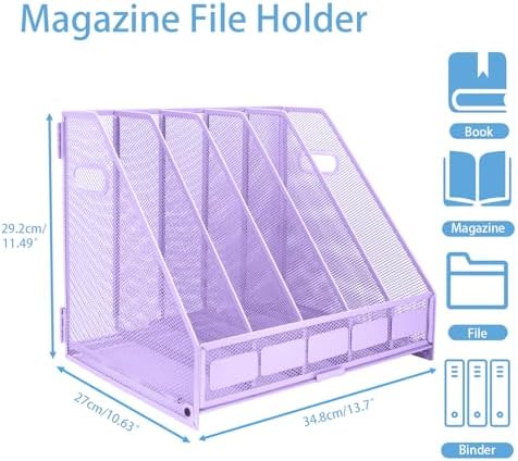 Desk Organizers Metal Magazine File Holder Racks Desktop Folder Storage Binder Organiser Document Organization for Home Office & Classroom,5 Vertical Compartments-Purple - Image 2