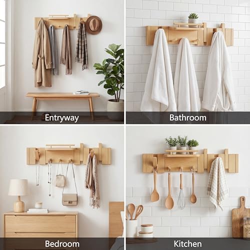 Mid Century Modern Wood Coat Rack Wall Mount with Shelf,7 Hooks, Natural - Image 2